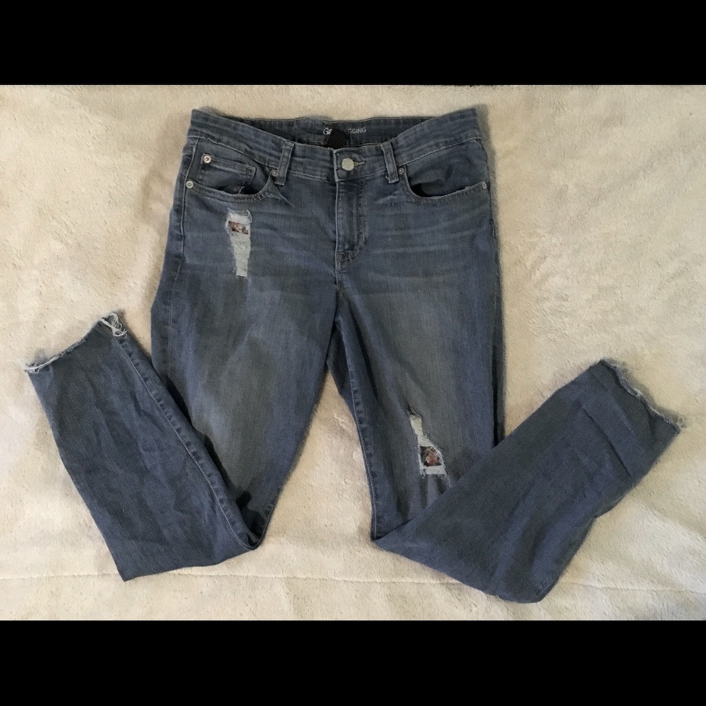 Floral Patchwork Distressed Straight-cut Jeans